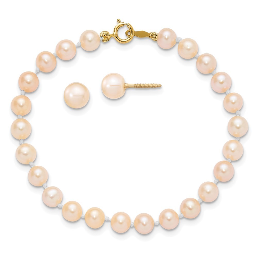 14k Yellow Gold Childrens 4-5mm Pink Fwc Pearl 5.5 Bracelet & Earrings Set